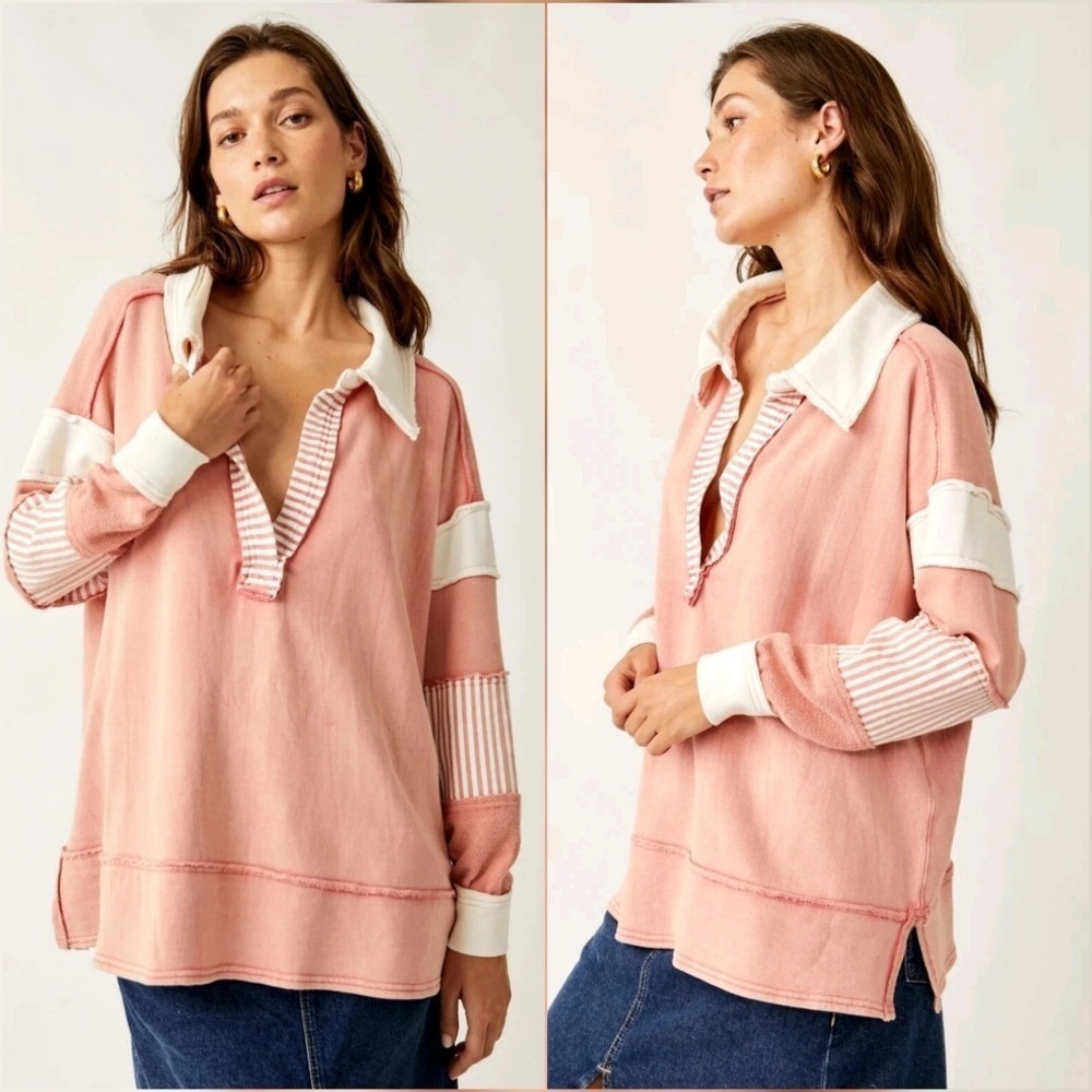 Free People We The Free Pink Clean Prep Oversized Rugby Polo Sweatshirt SZ XS